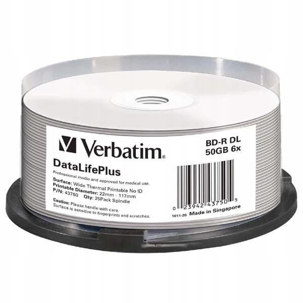 Verbatim Bd-r, DL Wide Thermal Printable No Id Surface Hard Coat, 50 Gb,