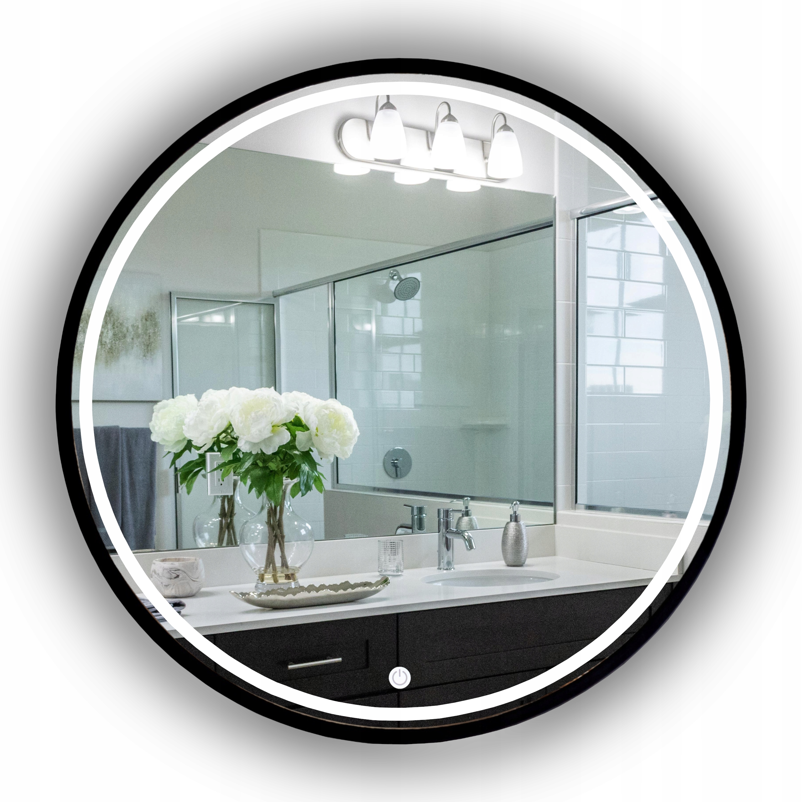 Lustro Led Okrągłe Czarne W Ramie 70 CM Do Łazienki Z Piaskowaniem