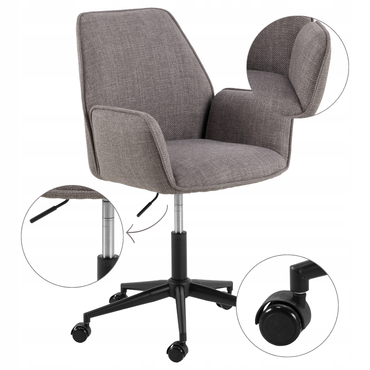 Pohodlná Rotačná Kancelárska Stolička Šedá s nastaviteľnými kolieskami a opierkou