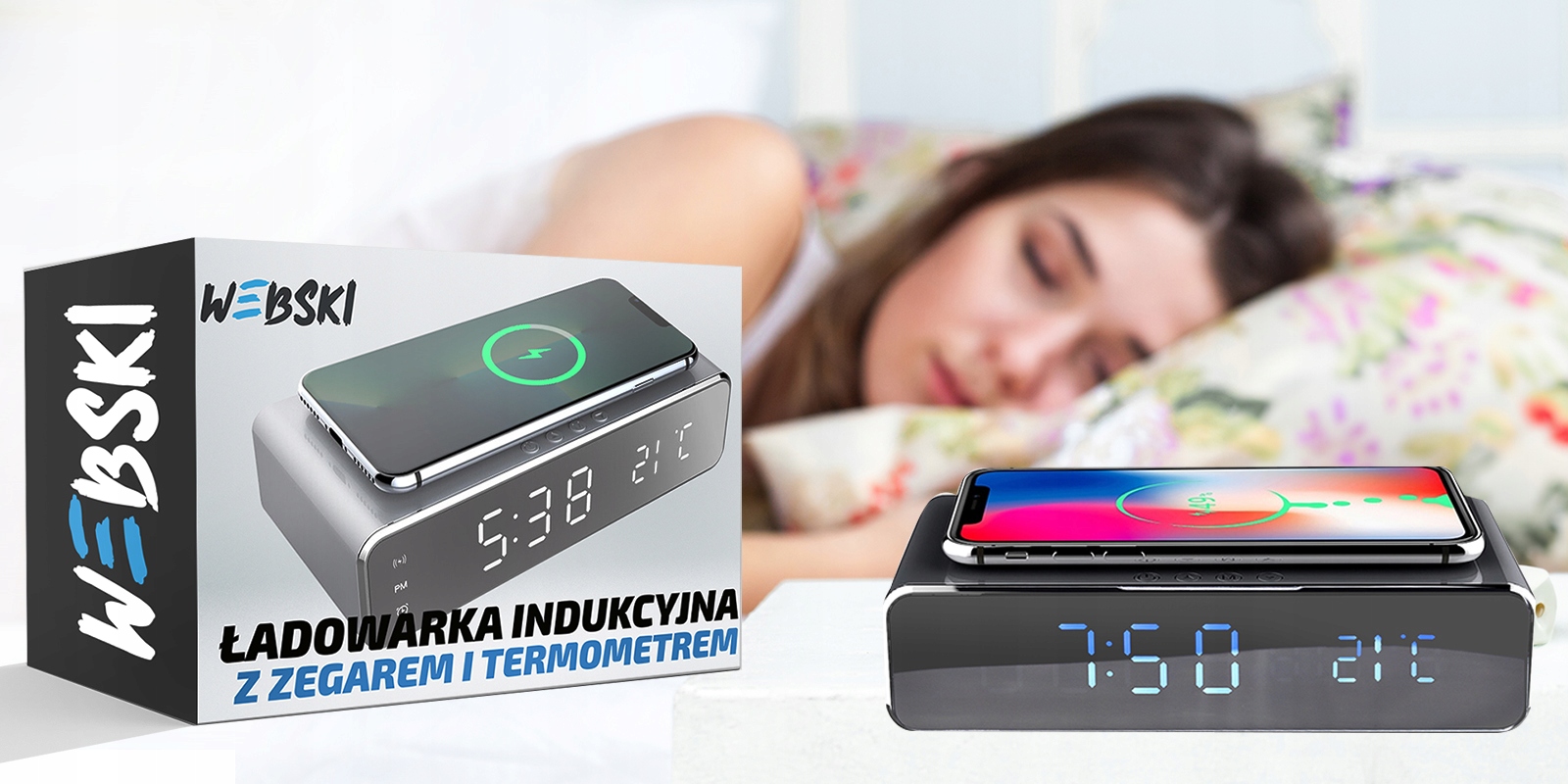 Ładowarka Indukcyjna STACJA ŁADUJĄCA do telefonu z Budzikiem Termometrem Stan opakowania oryginalne