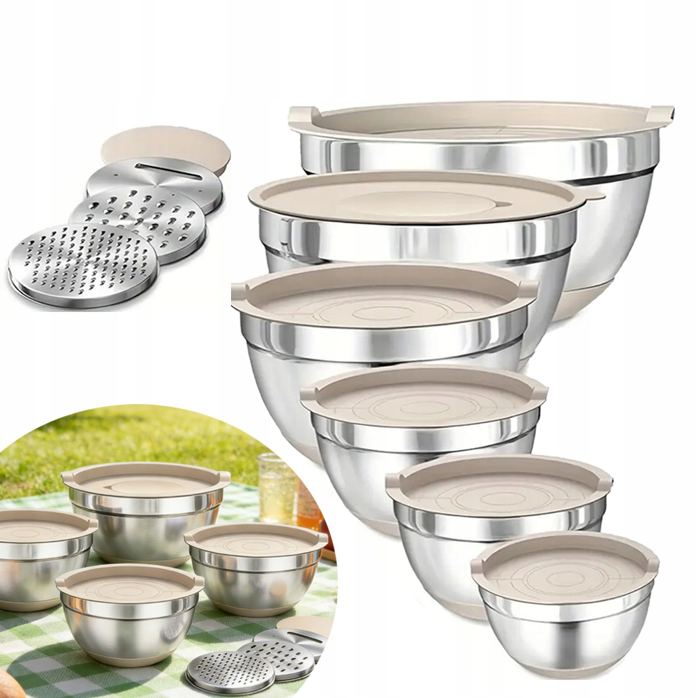 6× Misek Na Míchání Z Nerezové Oceli S Víčky A 3 Nástavci Na Strouhání