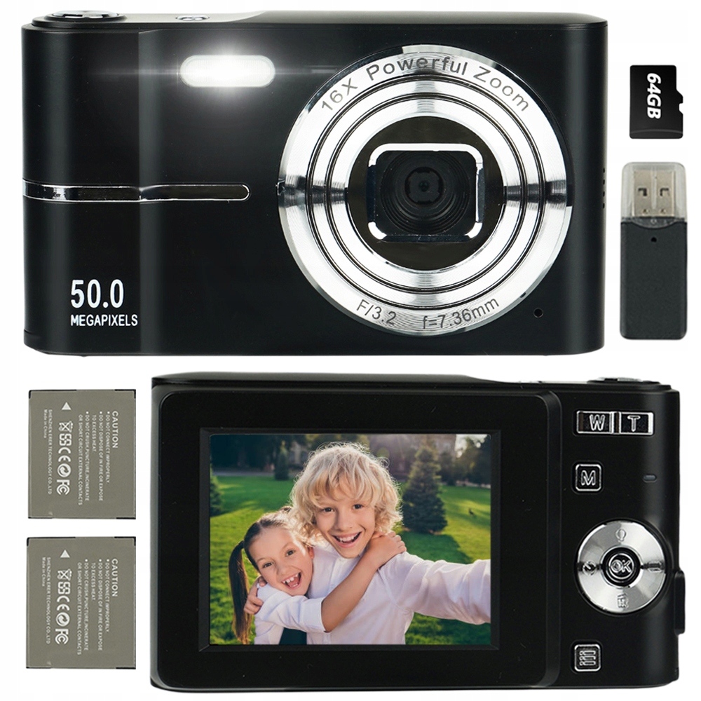 Przenośny Aparat Cyfrowy Czarna Retro 50MP 16X Zoom Karta Pamięci 64GB