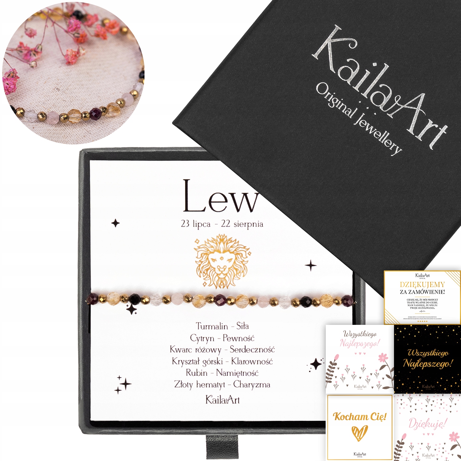 Bransoletka Znak Zodiaku Lew złota z kamieni naturalnych stal 316l