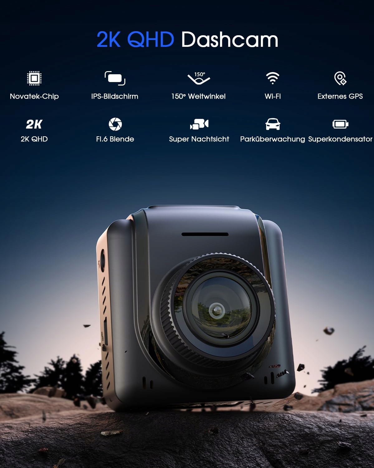 VORNE Kamera Samochodowa WiFi 2K GPS Aplikacja IPS Nocny Tryb 150° WDR — miniatura 2