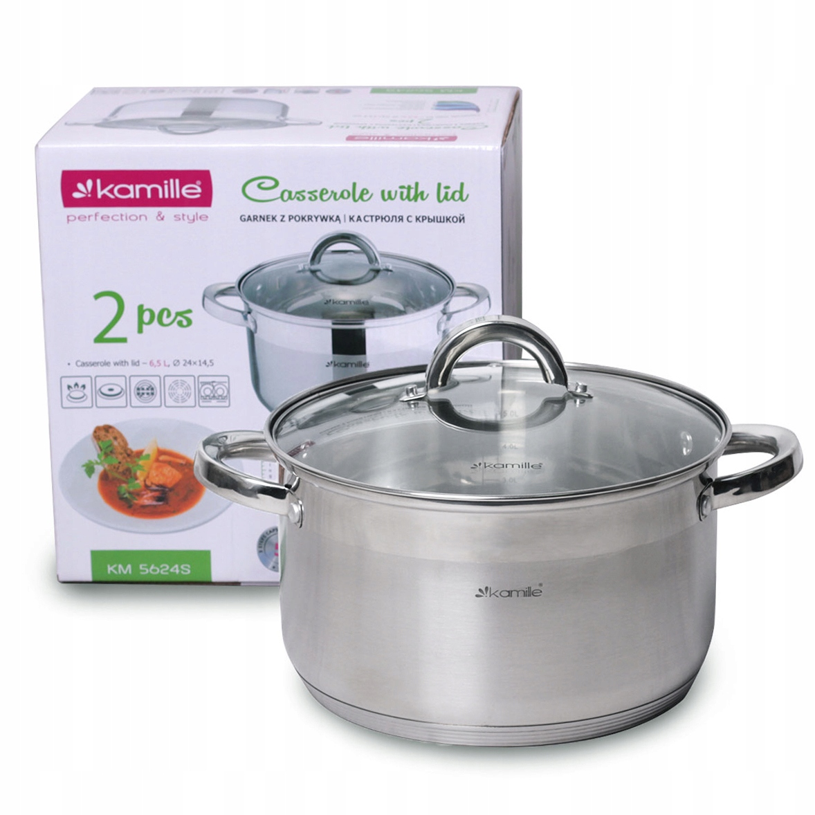 

Garnek 24 cm 6,5 L z pokrywką Indukcja Gaz Kamille