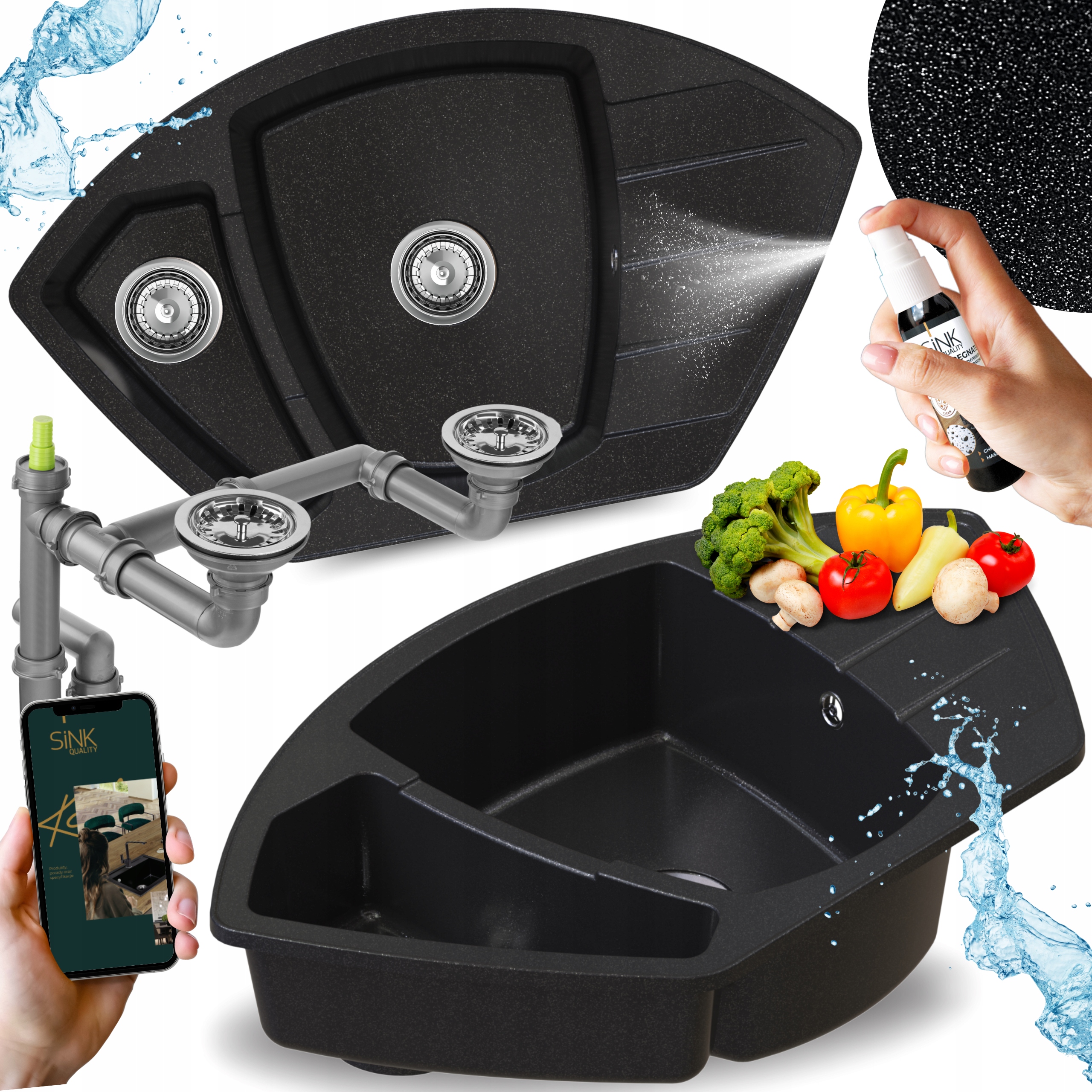 Dřez dřez černý s částečkami Granitový dvoukomorový Kuchyňský