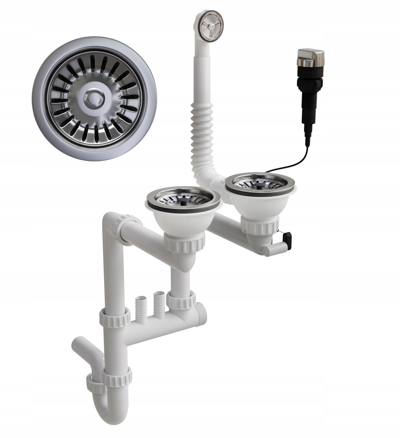 Syfon dwukomorowy automatyczny sitko chrom