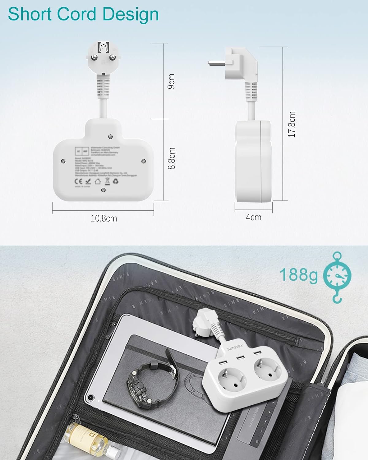 Listwa zasilająca 2 gniazdaz 3 USB do kuchni i biura krótka biała SUDEERY Liczba gniazd 2