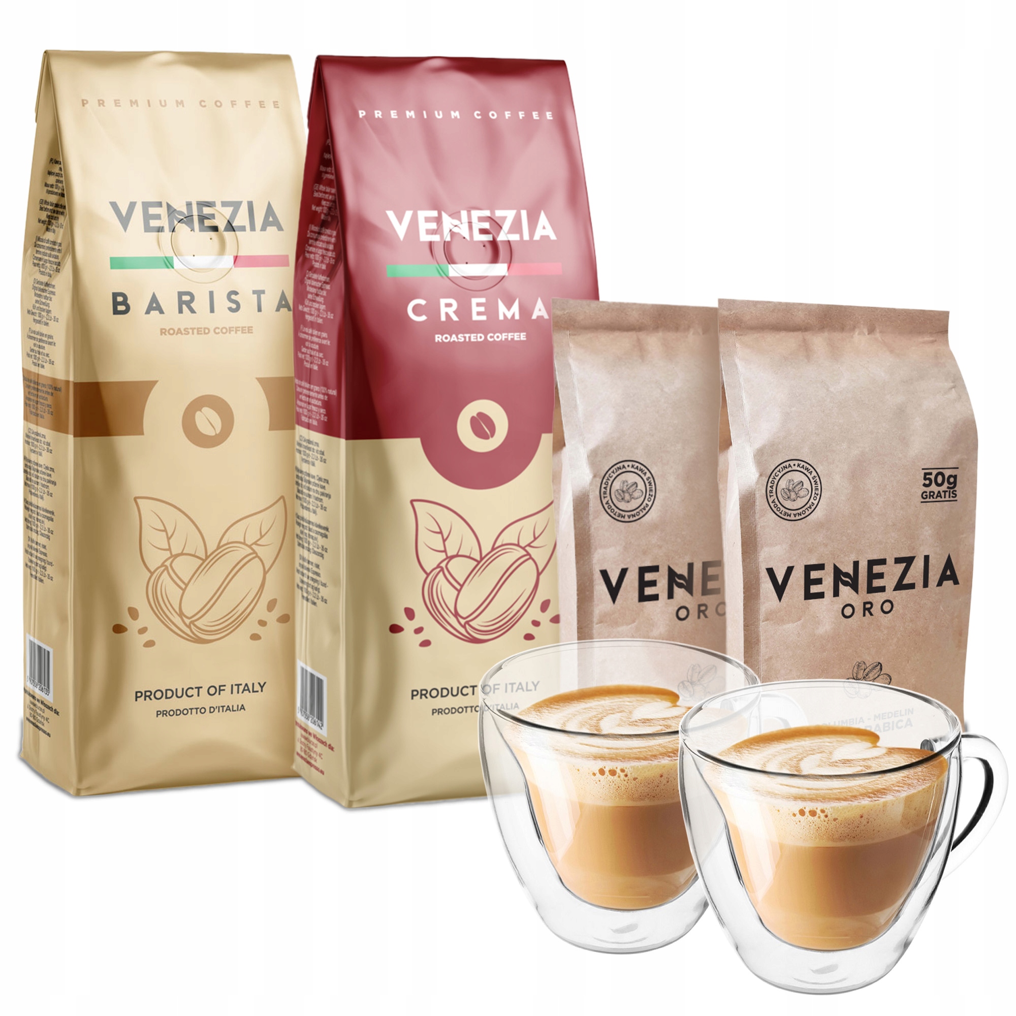 Levně Káva zrnková 3kg sada káv sklenice káva crema italská 100% arabica