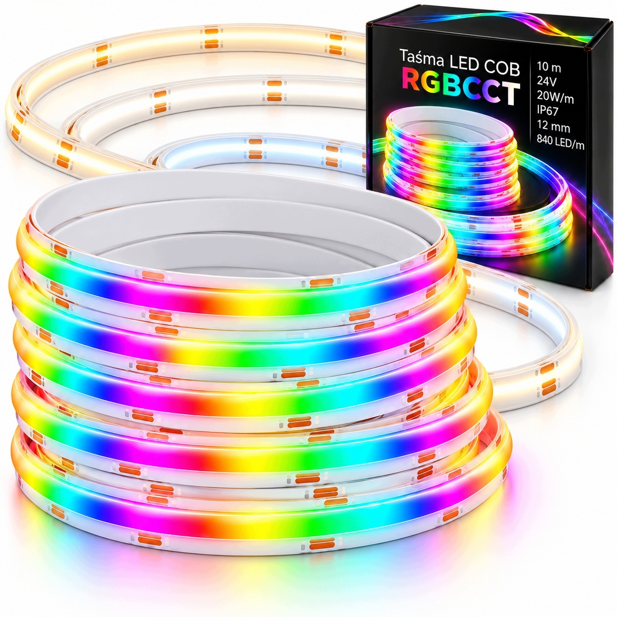 Rgbcct Cob 10 m Led pásek 24 V vodotěsný IP67 20 W/m 840 LED/m do profilu