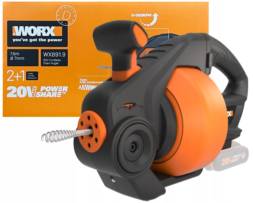 WORX UDRAŻNIACZ DO RUR AKUMULATOROWY 7,5 m 20V