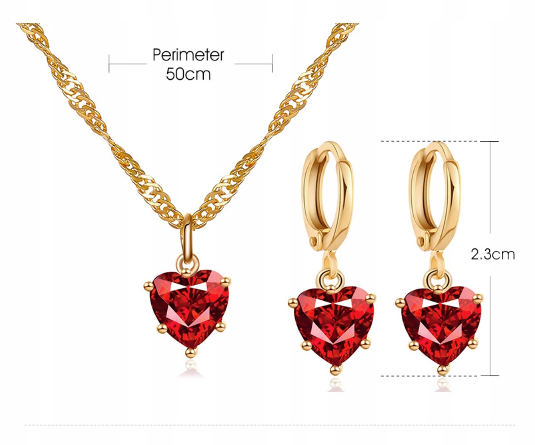 Zestaw Kolczyki Naszyjnik Serce Serca Love Złote Czerwone Rubinowe Ślub Kamień Cyrkonia