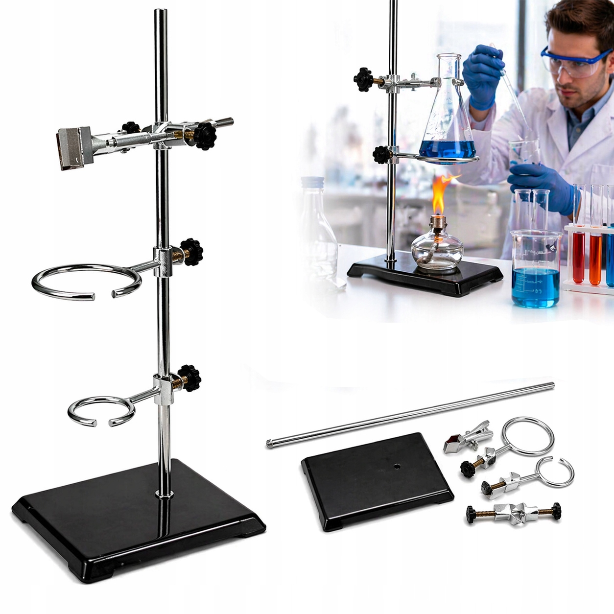 Stojak laboratoryjny z wyposażeniem 60cm chemiczny szkolny z oprzętem