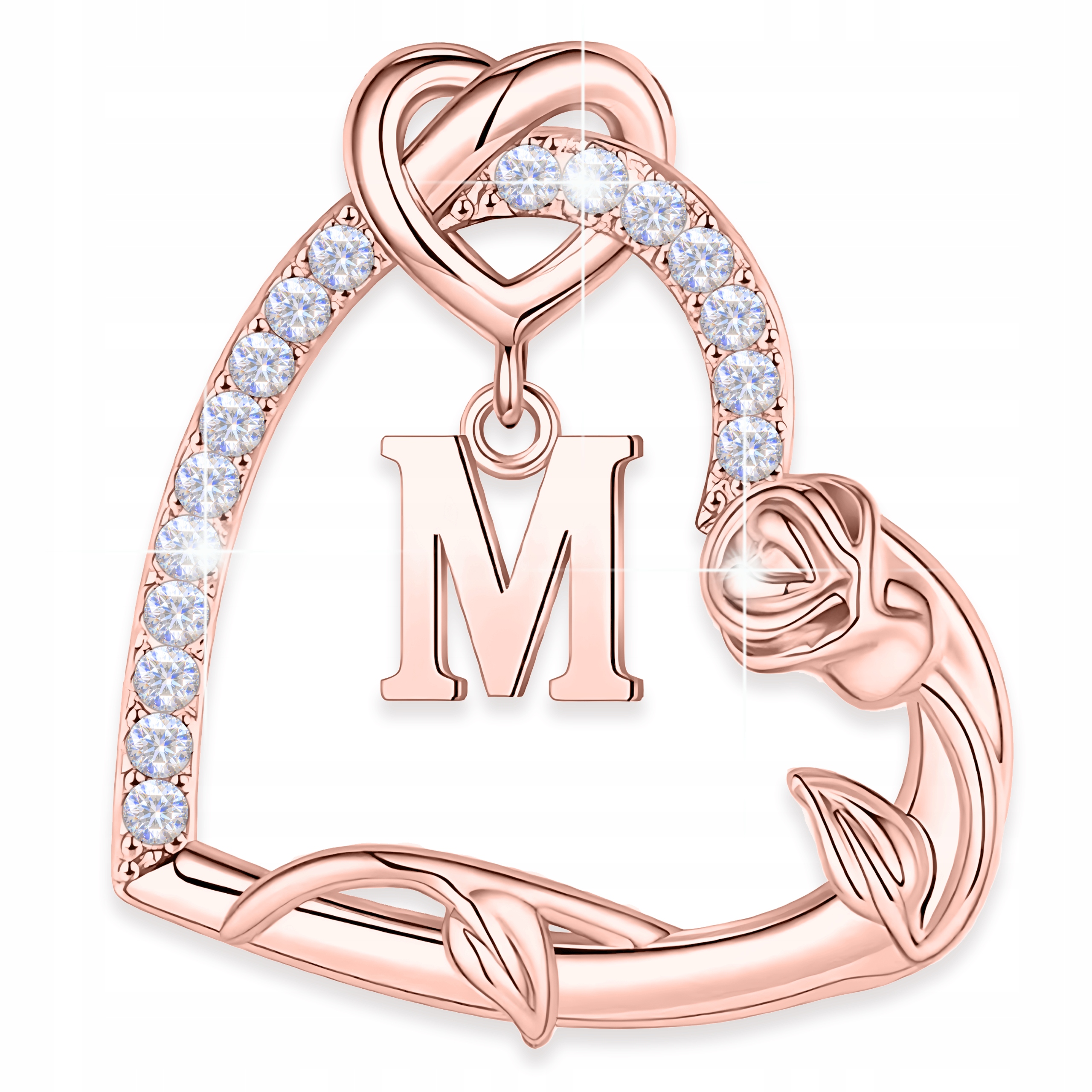 Pozlacený přívěsek 925 Srdce s písmenem M, květina růže v srdci, iniciála