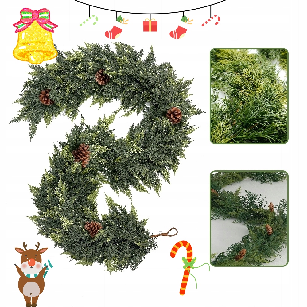 Vánoční Girlanda 180 CM Umělý Vánoční Stromek 7 Šišek Realistické Okno