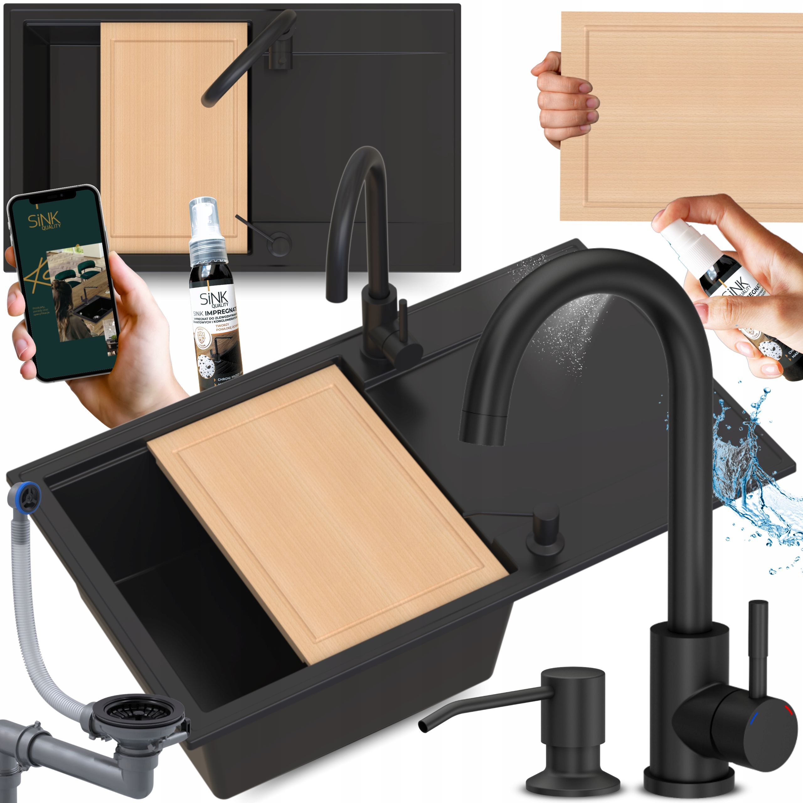 Dřez S Deskou a Odkapávačem Dlouhý černý Granitový s kuchyňskou Baterií