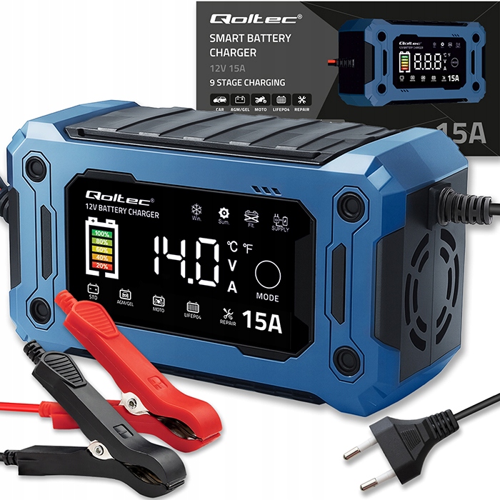 Usměrňovač 12V 15A Agm Gel LiFePO4 LCD Repair podpora Qoltec nabíječka