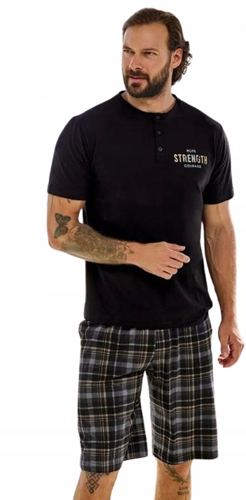 Elegantní Černé Pyžamo Tričko Se Zapínáním Na 3 Knoflíky Kostkované Šortky M