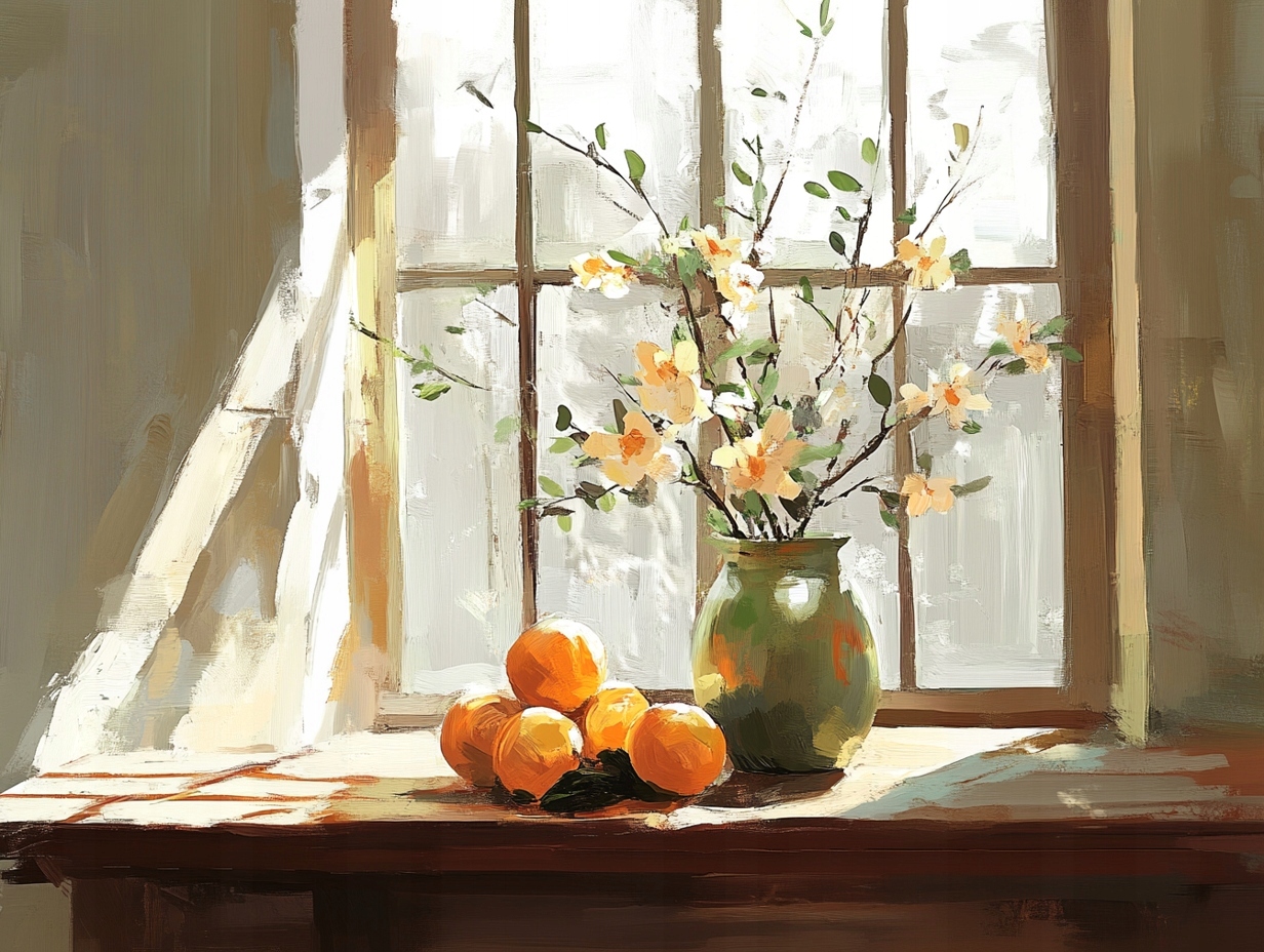 Obraz Na Plátně Canvas Okno Květiny Váza Ovoce Pomeranče Dekorace 100x75