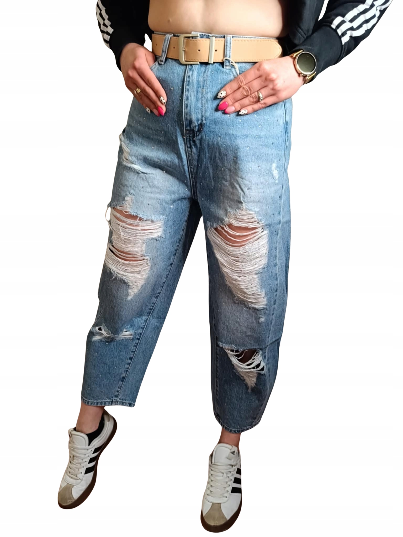 Dámské džíny s dírami a zirkony s vysokým pasem M.Sara Balloon Fit XXL