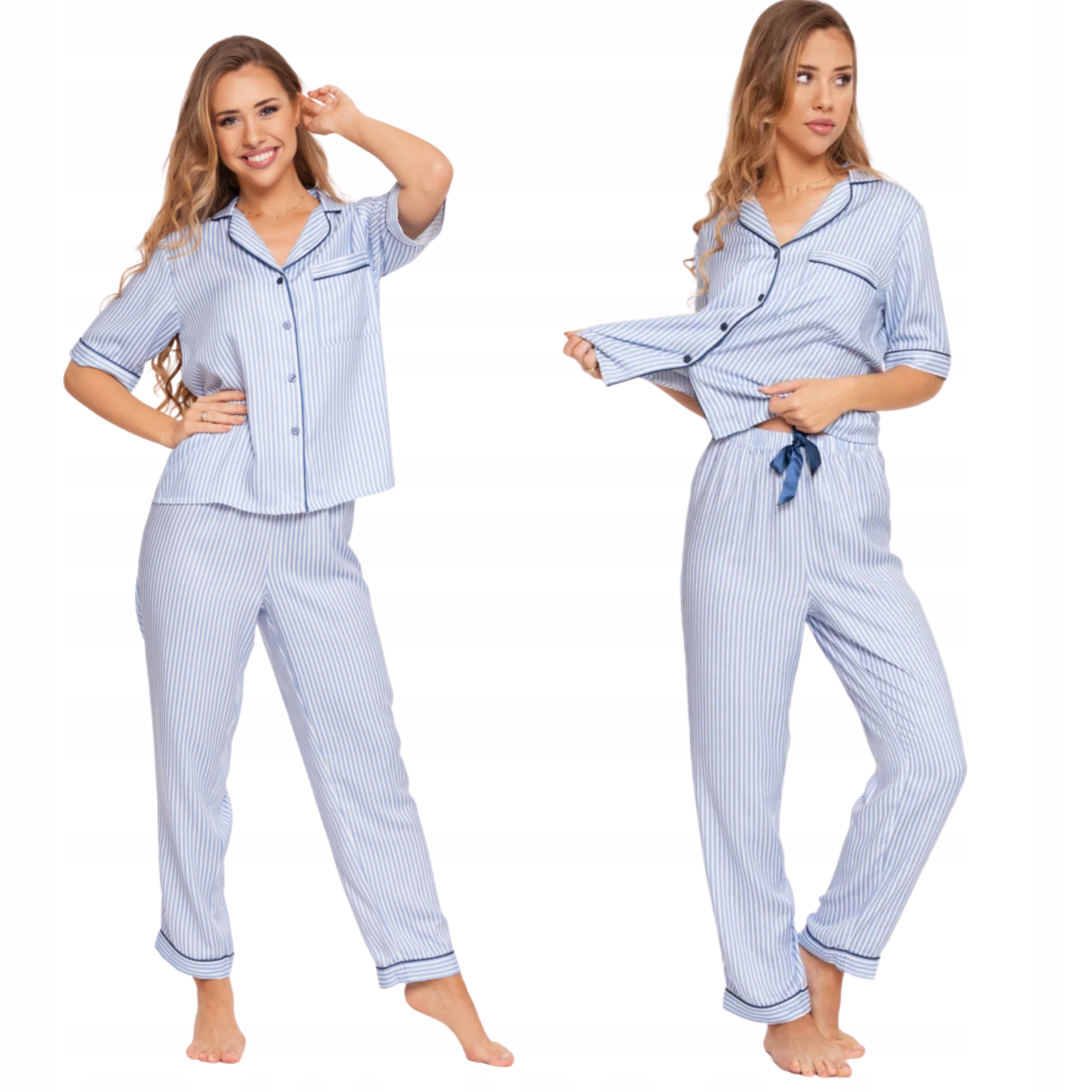 Piżama Damska Wiskoza Dwuczęściowa Krótki Rękaw Rozpinana W Paski Moraj M