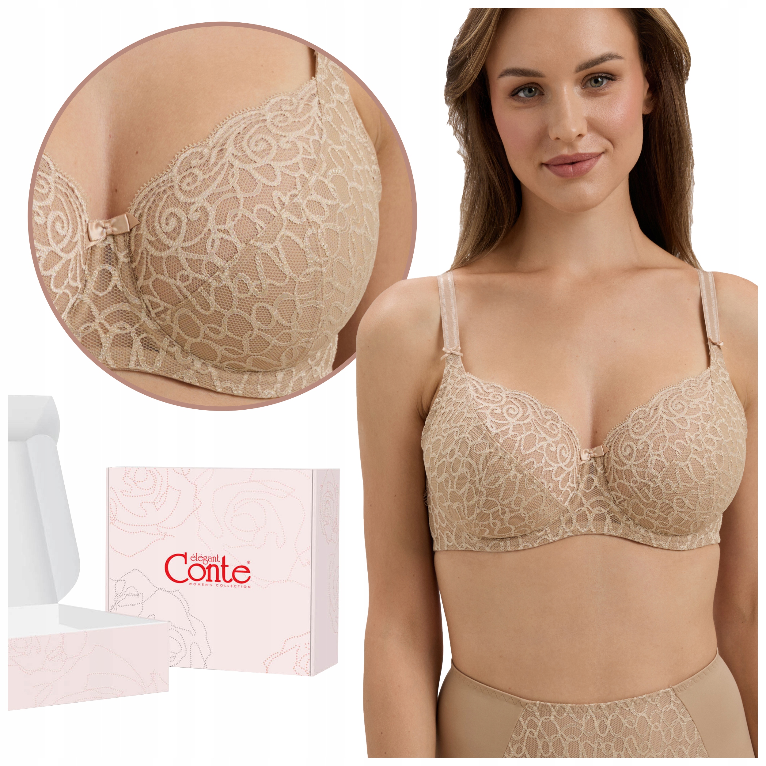 Biustonosz miękki z fiszbinami koronkowy Plus Size Conte RB6068 beżowy 90D