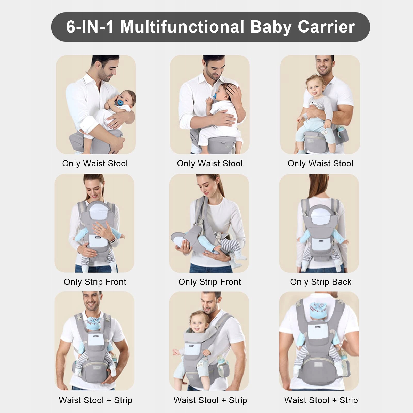 IULONEE Ergonomiczna Nosidełko Dla Niemowląt Z Siedziskiem Szare 3-20kg — miniatura 5