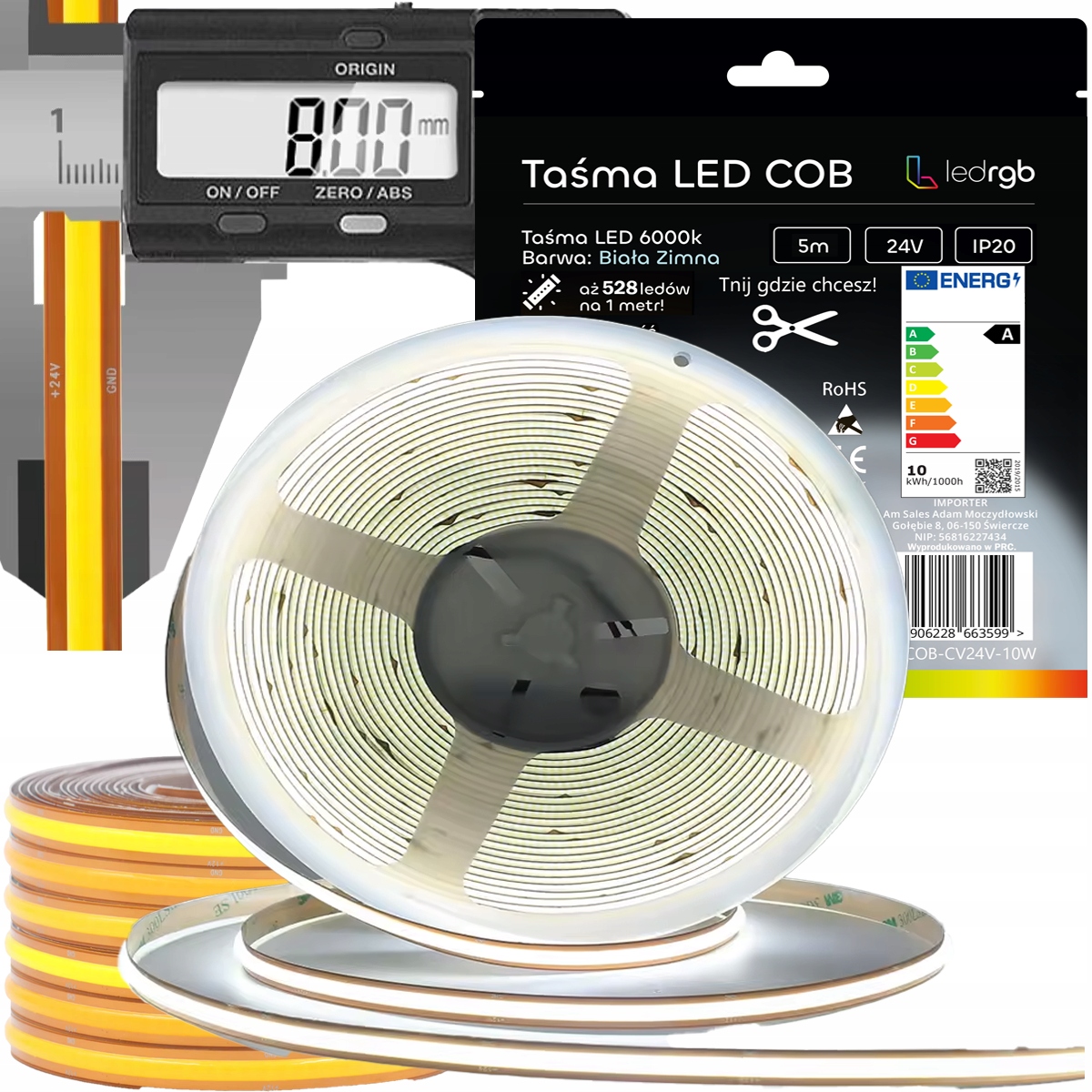Led pásek Neon Cob 24V 5 m 528 6000K Bílý Studený Zdarma Cut Libovolné Řezání 8 mm