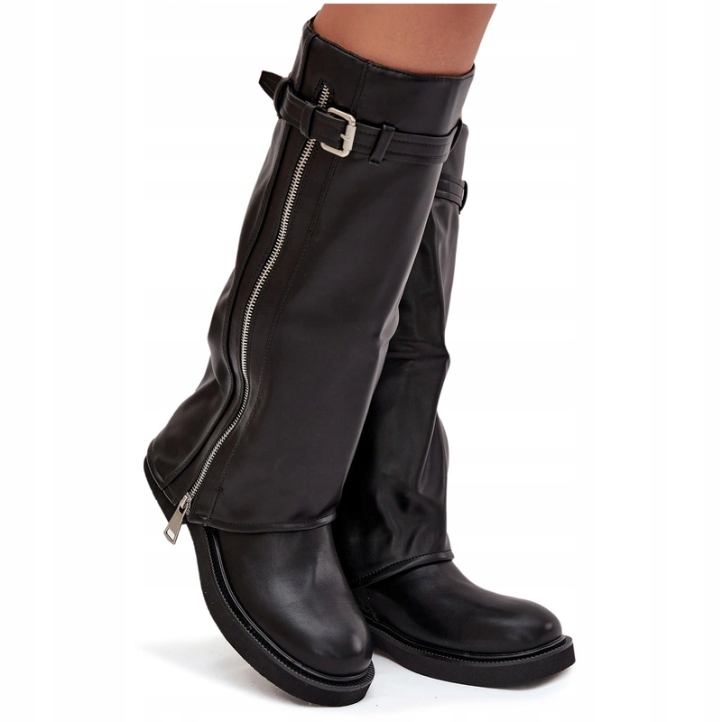 Dámské Kozačky S Ohrnutým Svrškem Svršek Zateplená Spona Černá 37