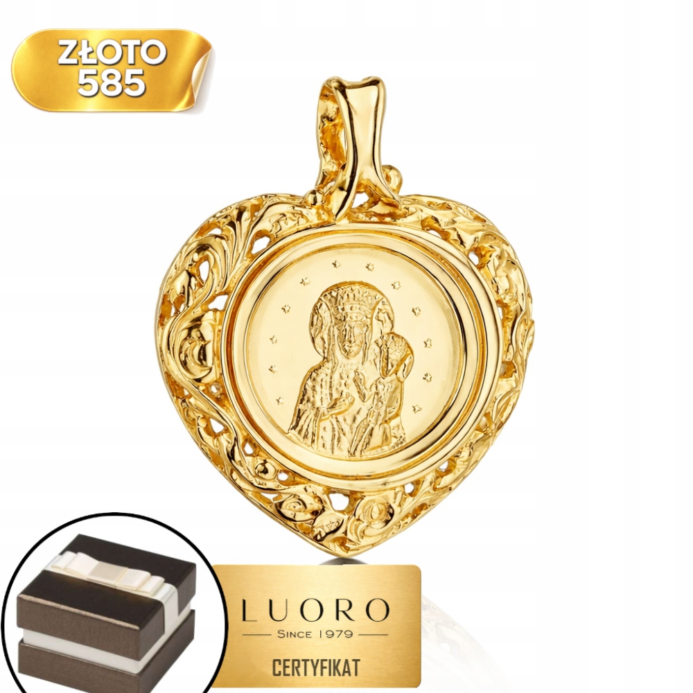 Medailon Zlatý 585 14K Panna Maria Čenstochovská Ažurové Srdce 22 MM