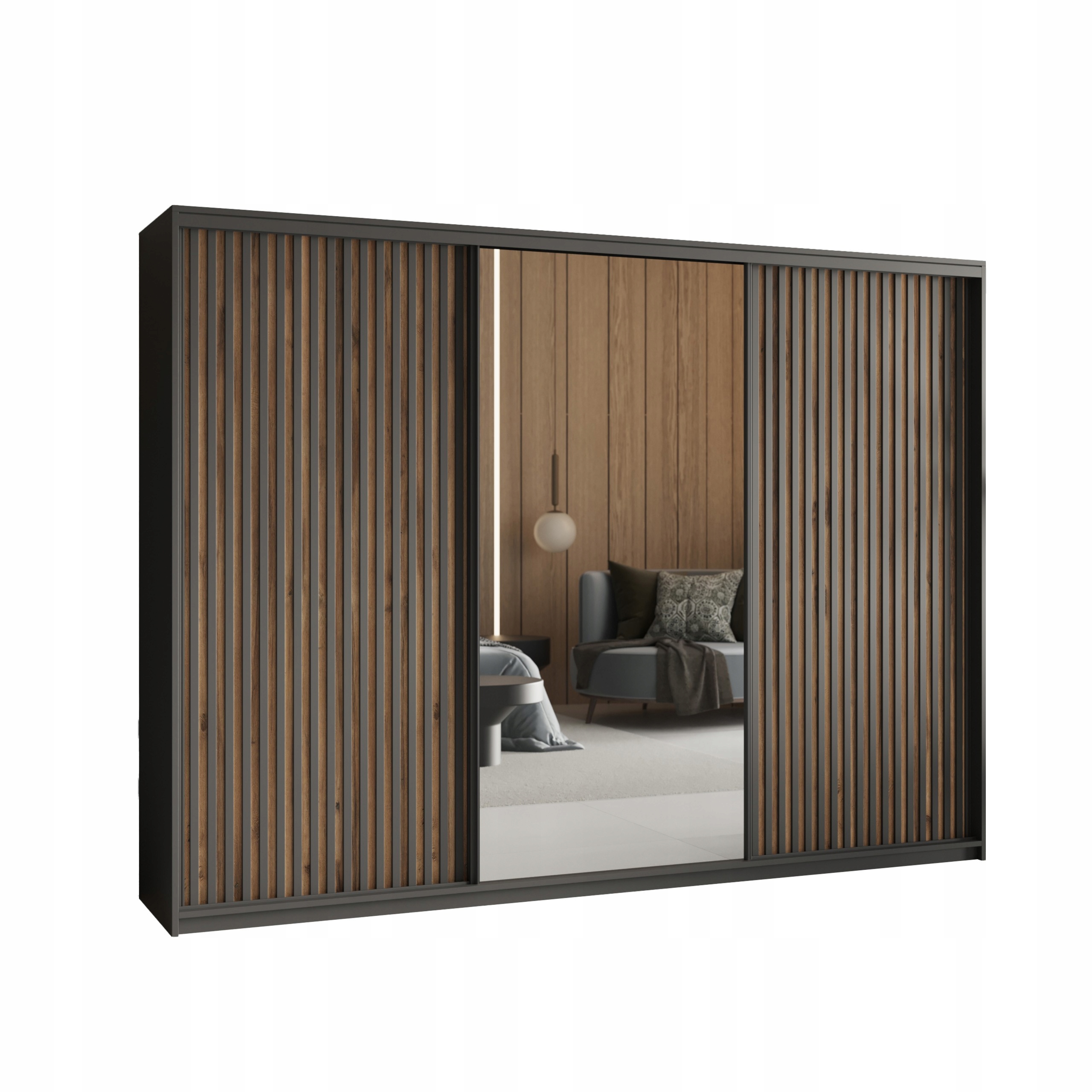 Skříň Orra 250 cm se zrcadlem Lamele 4 Zásuvky Třídveřová Černá