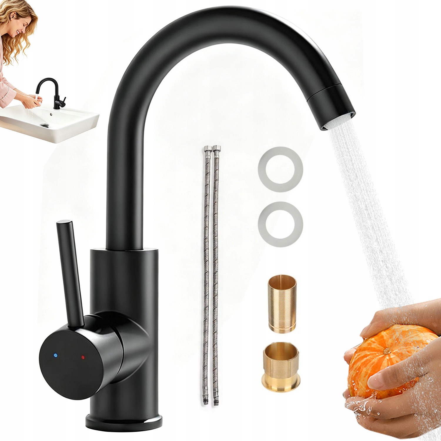 Bateria Kuchenna Czarna Mosiądz H59A Wbudowany Aerator Bateria Umywalkowa
