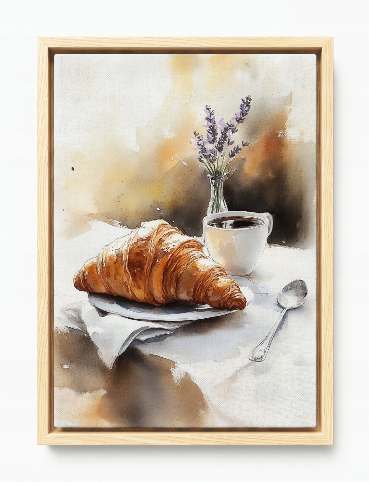 Obraz Rama American Box Stůl Káva Espresso Croissant Rohlík Levandule 40x60