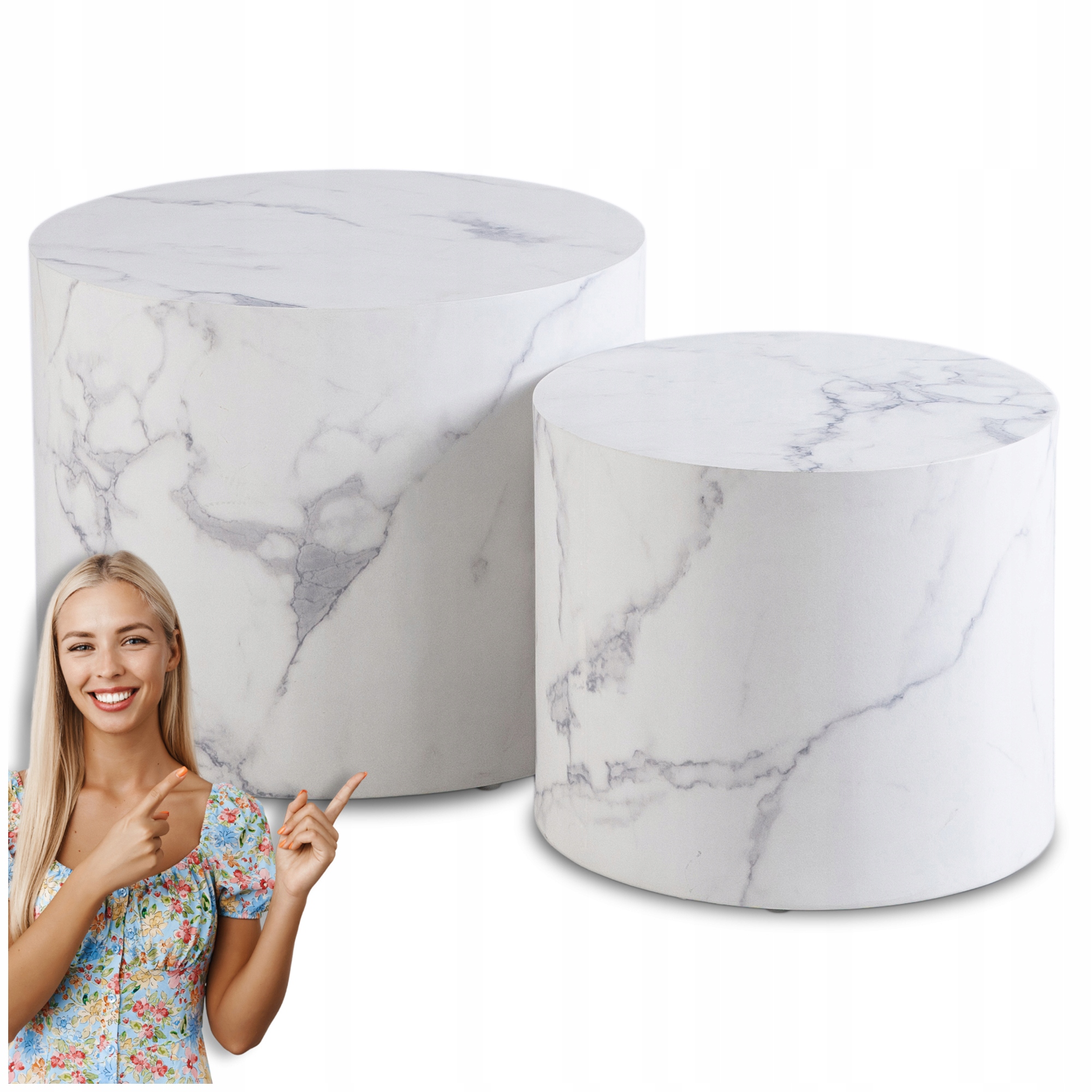 Kulaté konferenční stolky Sada lavic do obývacího pokoje 2v1 Bílý mramor Leila