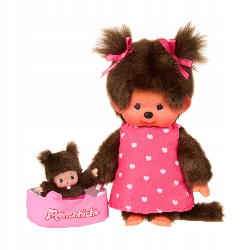 Monchhichi 204076 Małpka Dziewczynka z łóżeczkiem i Bebichhichi 20 cm