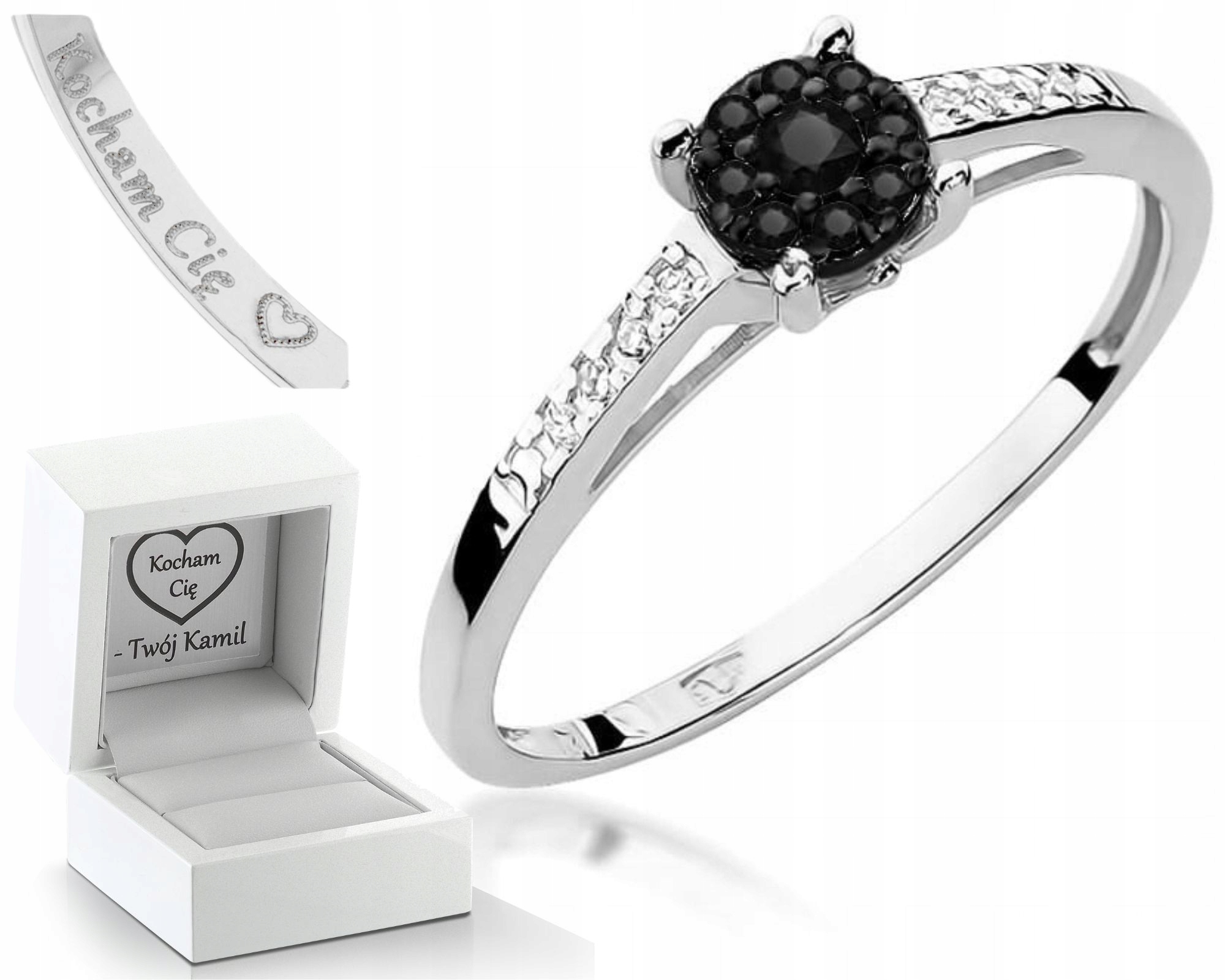 Bílé Zlato Prstýnek Pro Zásnuby Černý Briliant A Diamanty 585 Gravírování