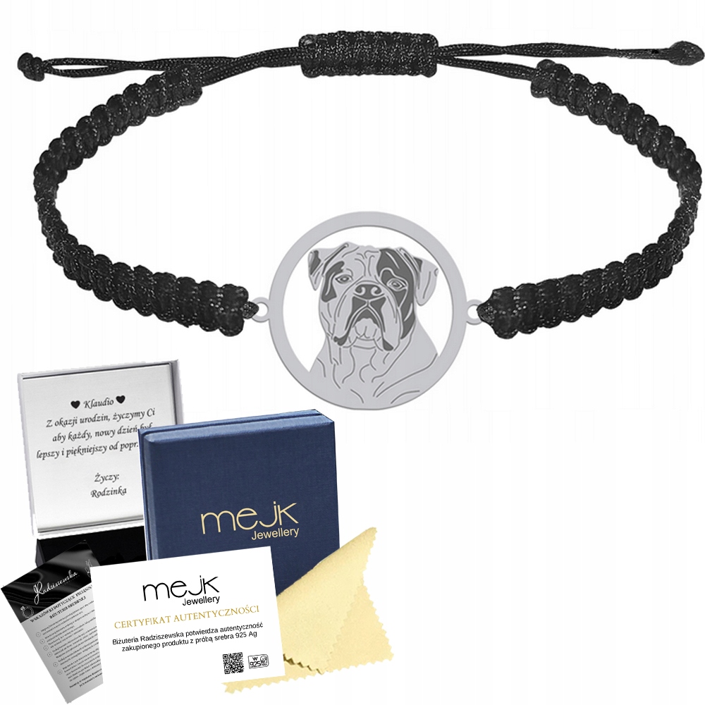 Stříbrný náramek Americký buldoček Makramé 925 Dárek Gravírování Bonus