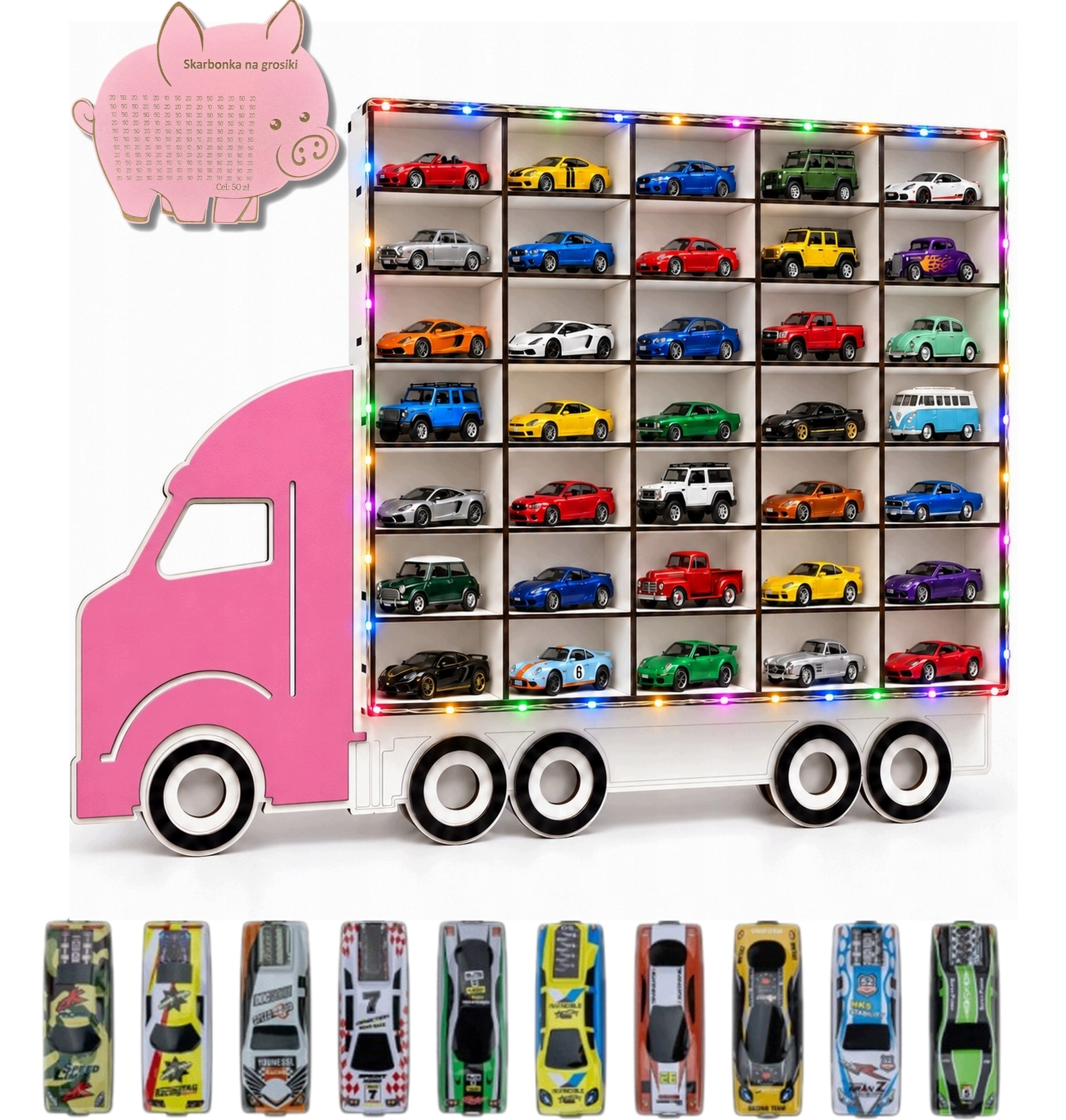 Parking na resoraki autka organizer ścienny 56x52 cm róż+SKARBONKA+10 Autek