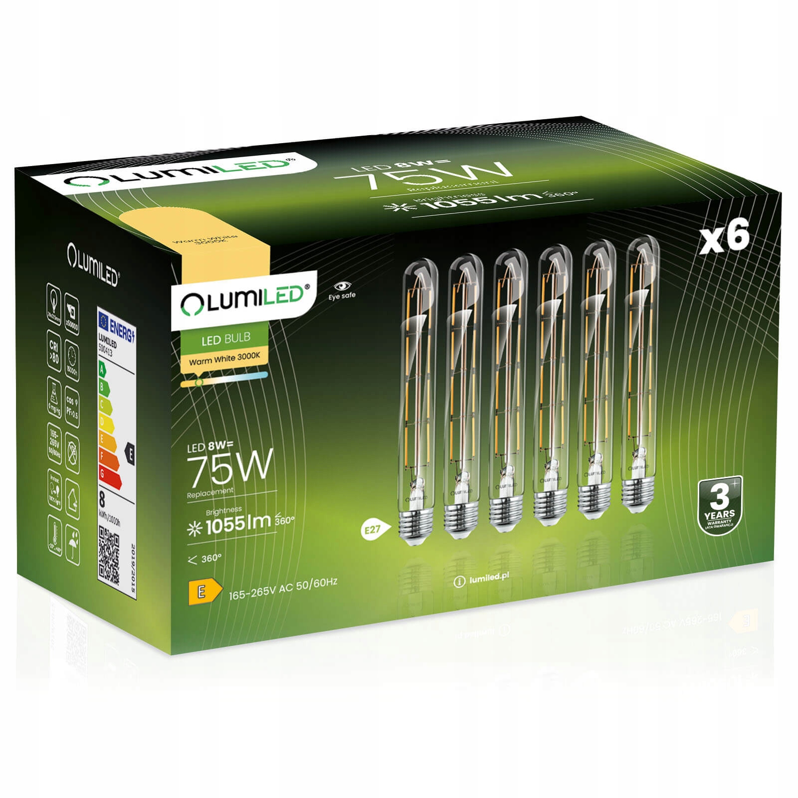 6X Led žárovka E27 Tuba T30 8W 65W 3000K Lumiled