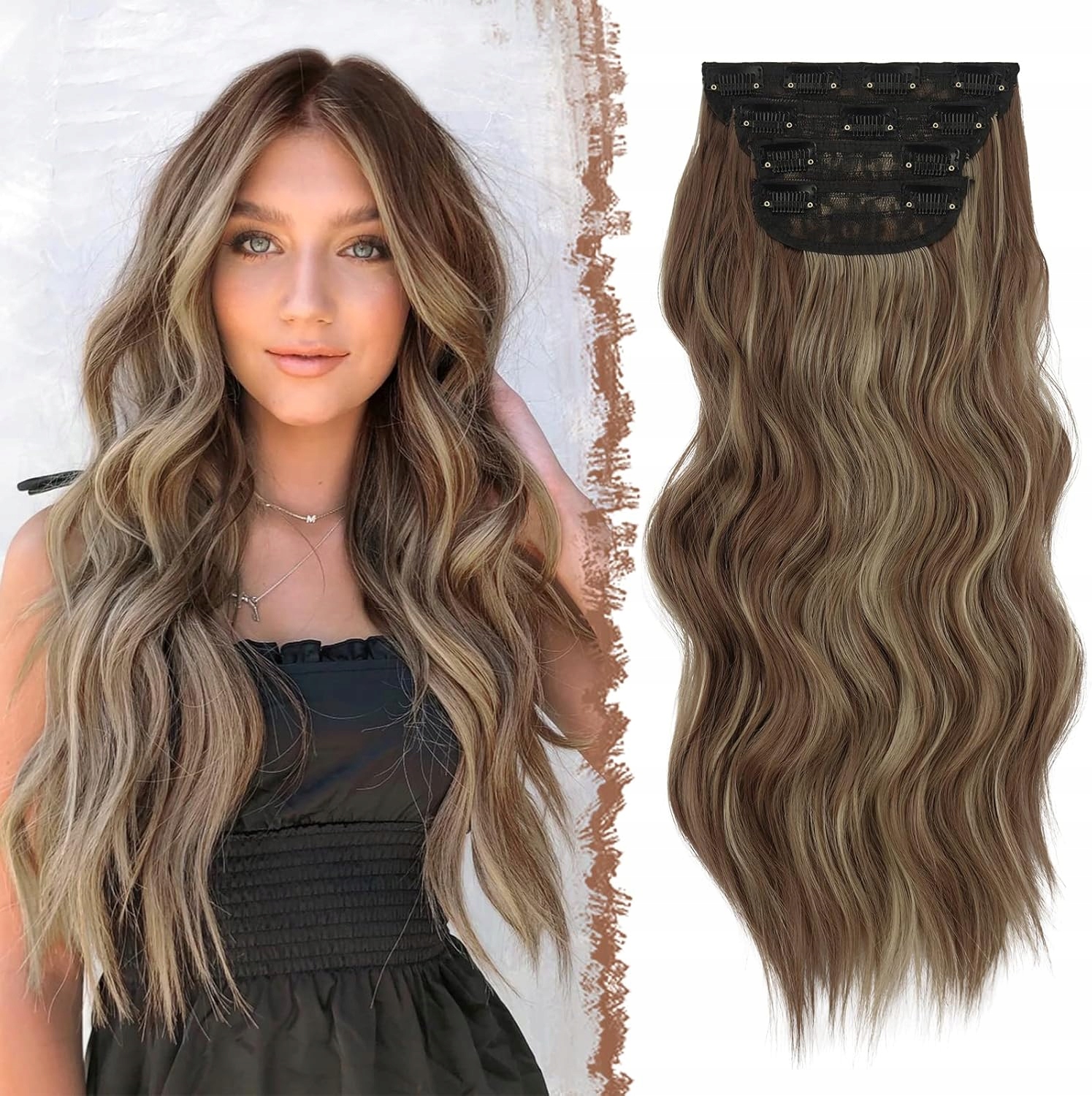 Příchytky s klipsy 50 cm Syntetické vlákno Hnědé 4 kusy Vlnité vlasy