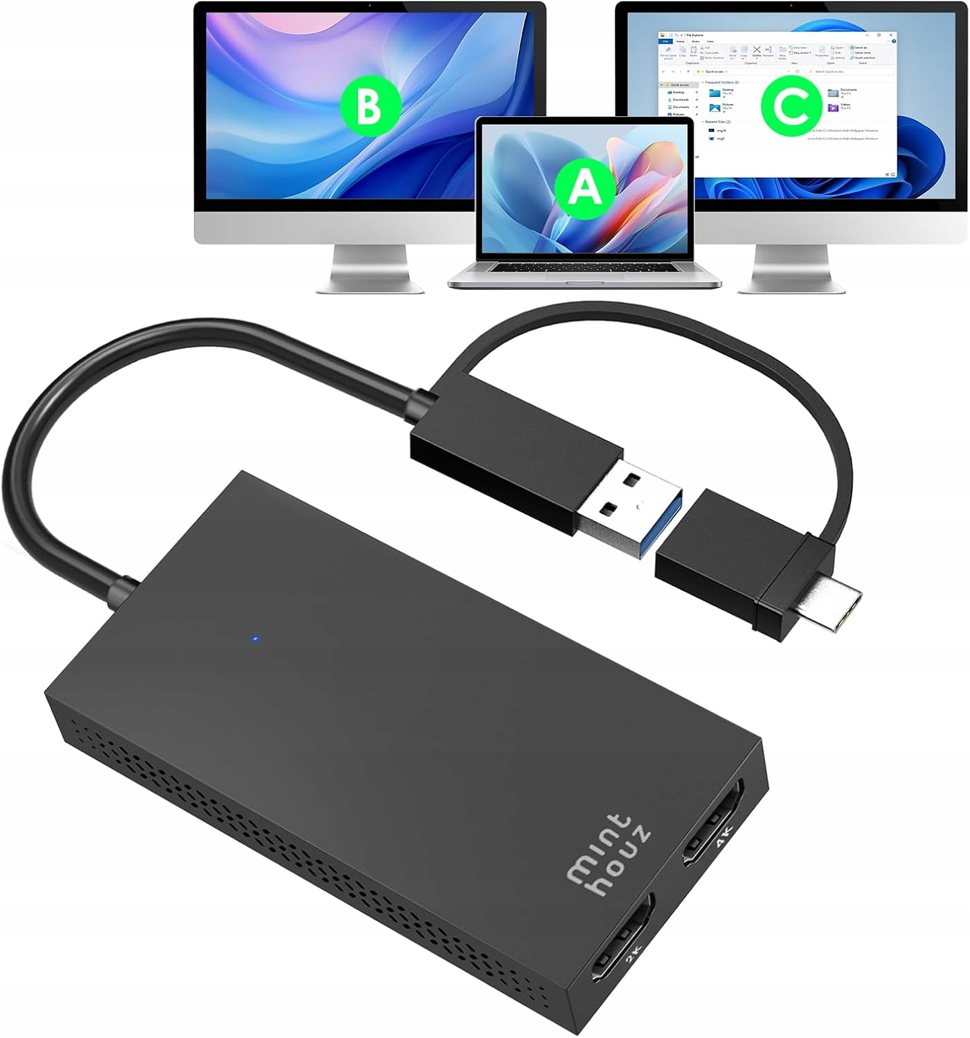 Minthouz Rozdělovačový adaptér Usb-c/usb-a- 2x Hdmi Dva monitory