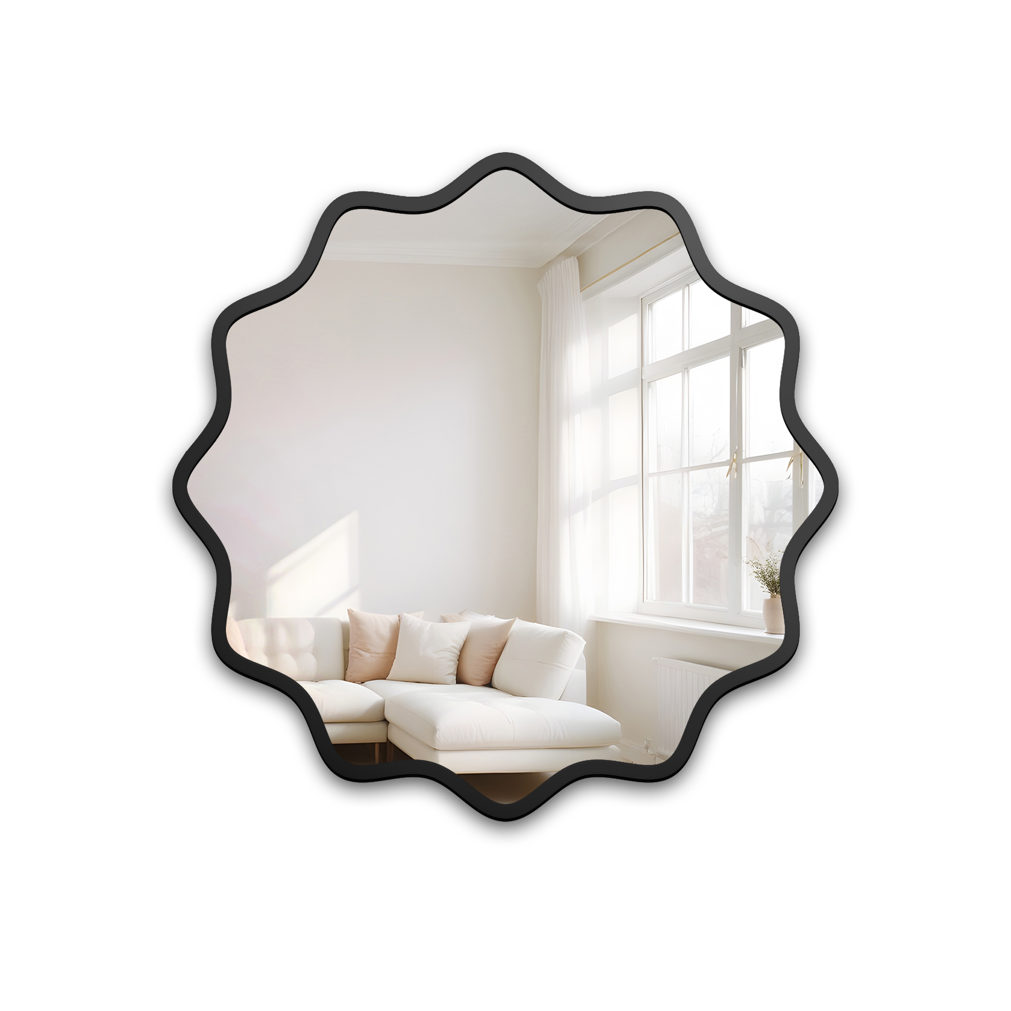 Nástěnné Zrcadlo Aquarelle Naya v černém vlnitém Mdf rámu, průměr 80 cm