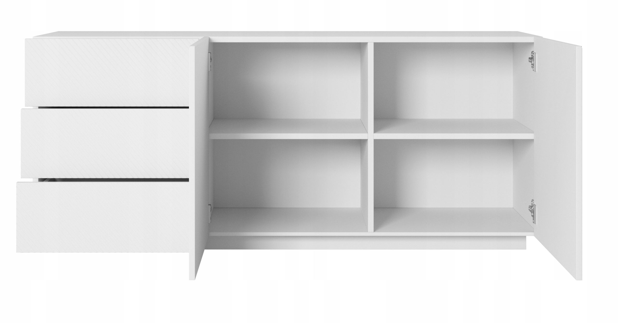 BIAŁA KOMODA Z 3 SZUFLADAMI szafka SALON SYPIALNIA NOWOCZESNA RYFLOWANA 167 Głębokość mebla 43 cm