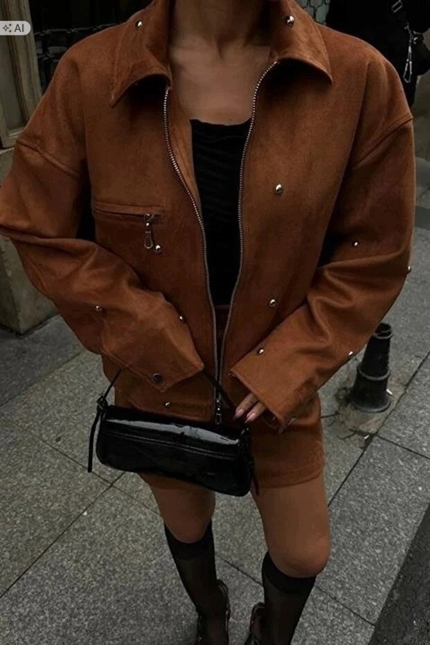 Semišový Dámský Hnědý Komplet V Elegantním Stylu XL 5IA