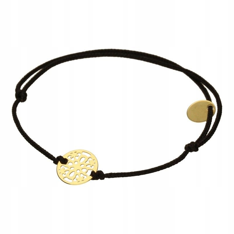 Zlatý provázkový náramek 585 černý s ažurovým kroužkem, nastavitelný 14KT