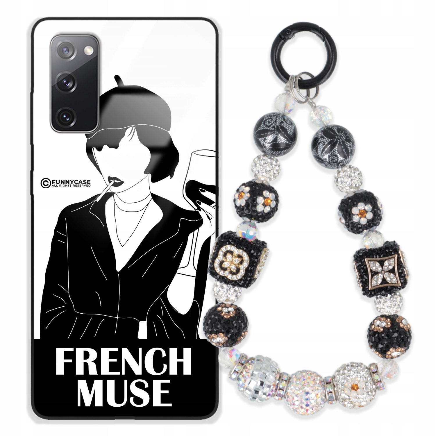 Puzdro Pre Samsung S20FE 5G Glass Art Čiernobiela Kľúčenka Strieborné Zirkóny Wz