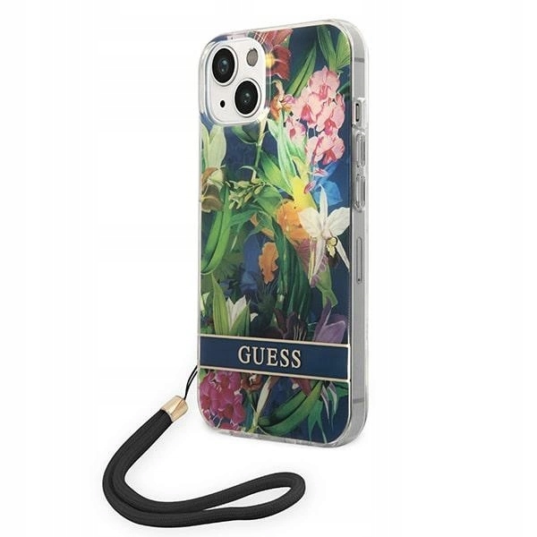 Pouzdro Guess Flower Strap pro iPhone 14 Plus modré