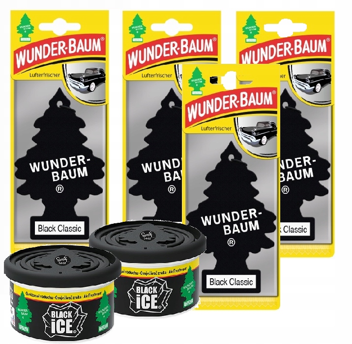 4× Zawieszka zapachowa Wunder-Baum Black Ice + 2× Zapach