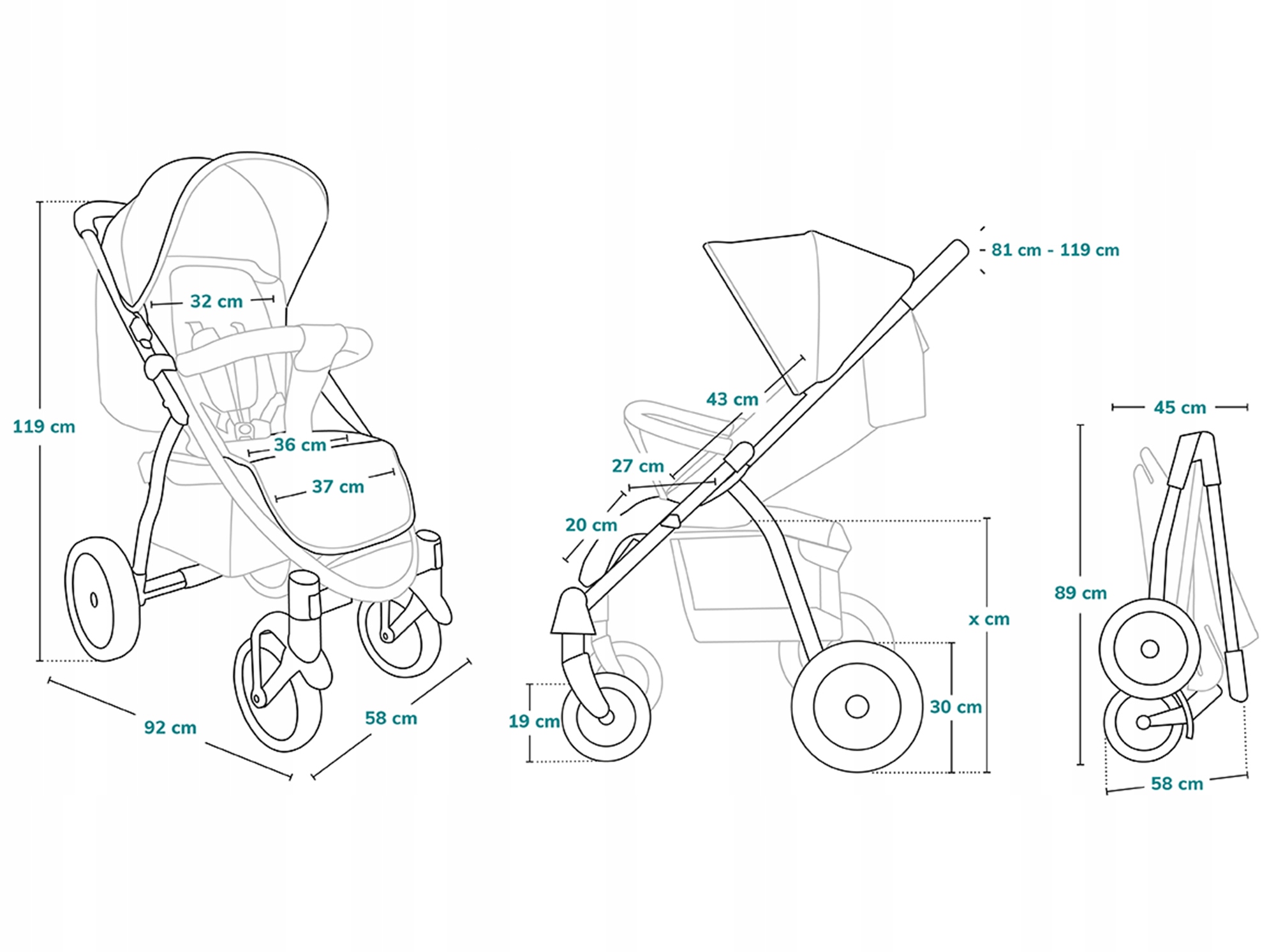 WÓZEK SPACEROWY LIONELO ANNET TOUR 22KG DUŻE KOŁA Szerokość produktu 58 cm