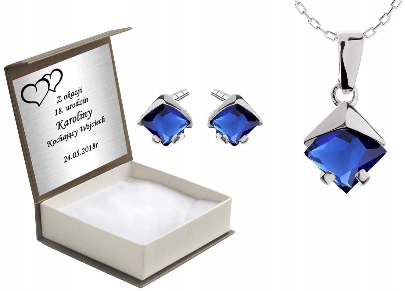 

Komplet Biżuterii Z Niebieskimi Cyrkoniami +grawer